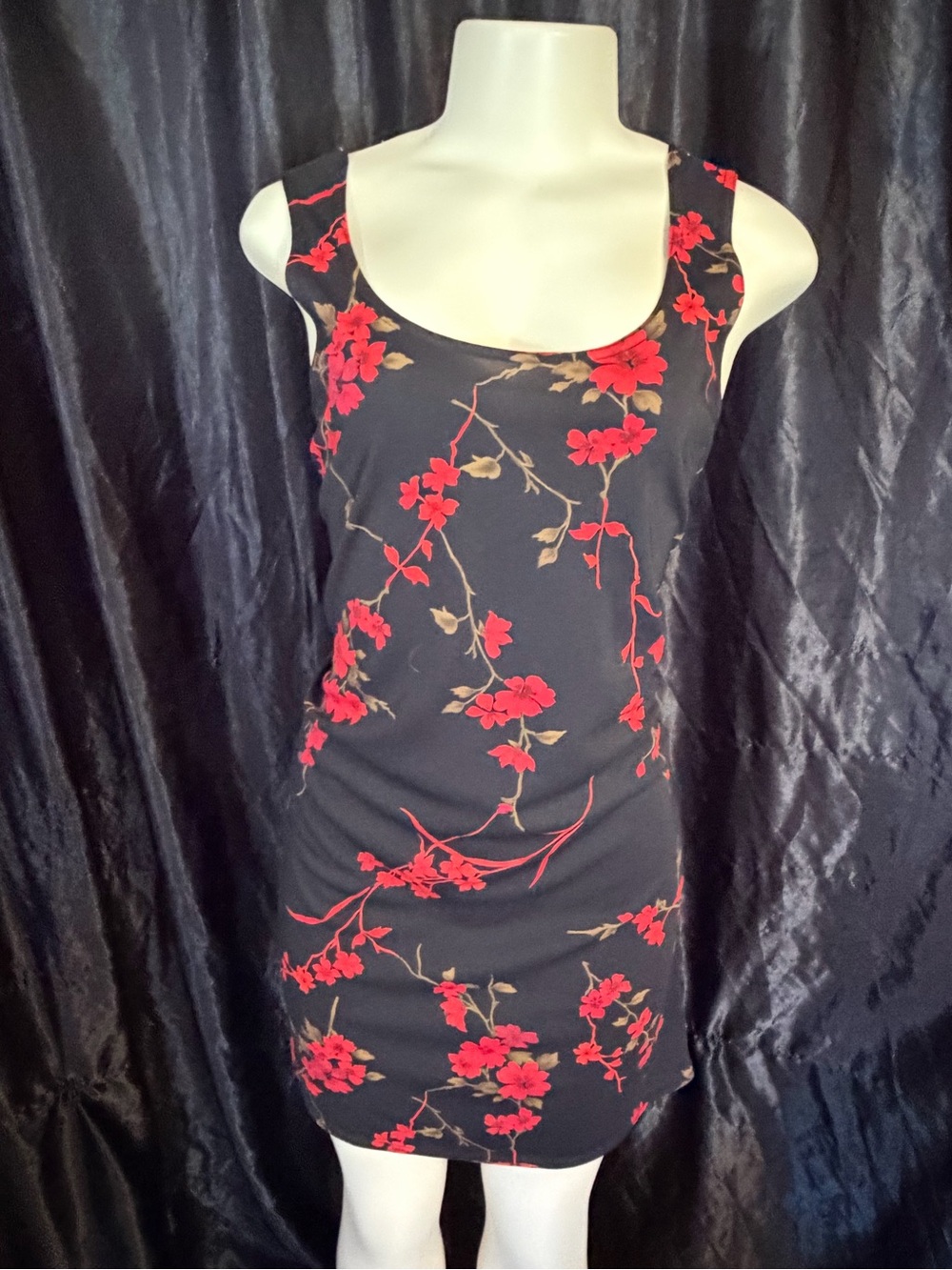Black Mini Dress with Red Floral Print